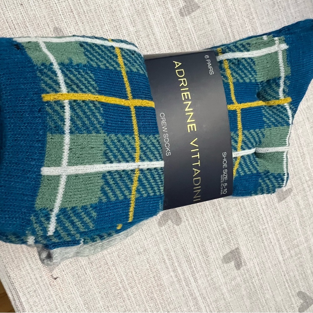 Adrienne Vittadini Blue and Green Plaid Crew Socks